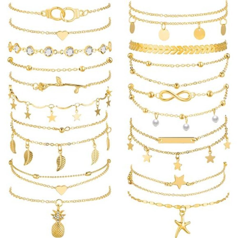 16 Pieces Ankle Bracelets 14K for Women Anklets Set Boho Beach Anklets